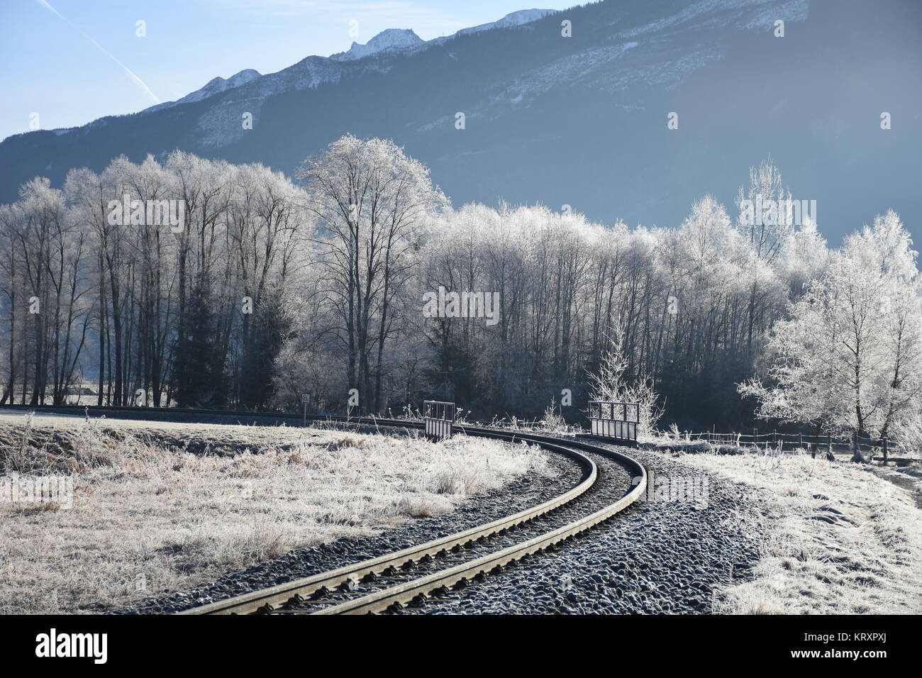 stuhlfelden,narrow-gauge railway,sunrise,pinzhauer lokalbahn,winter,hoarfrost,rails,hoarfrost Stock Photo