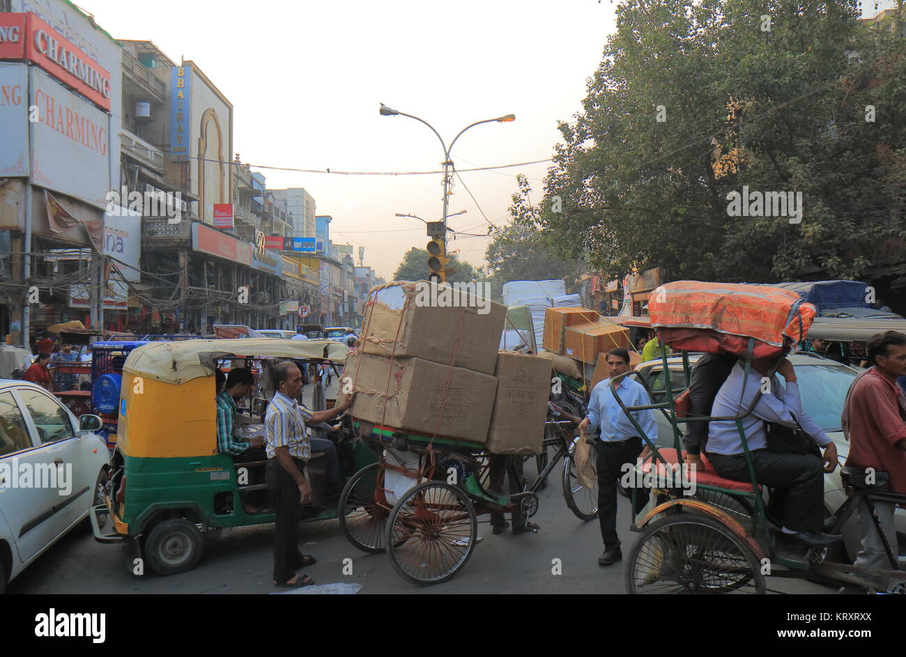 Heavy traffic jam in downtown Old Delhi in India. Stock Photo
