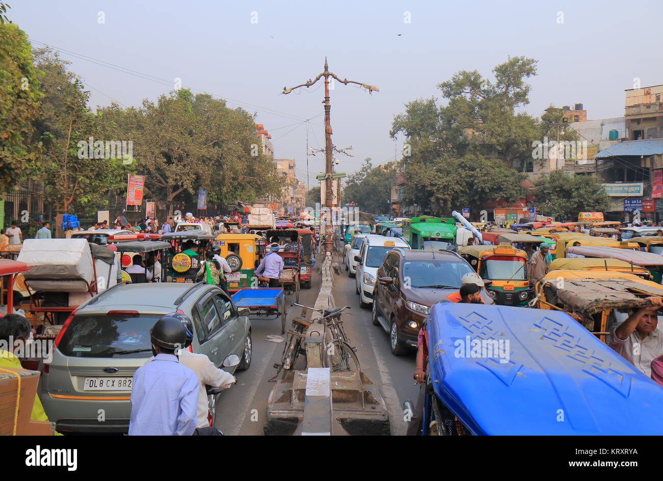 Heavy traffic jam in downtown Old Delhi in India. Stock Photo
