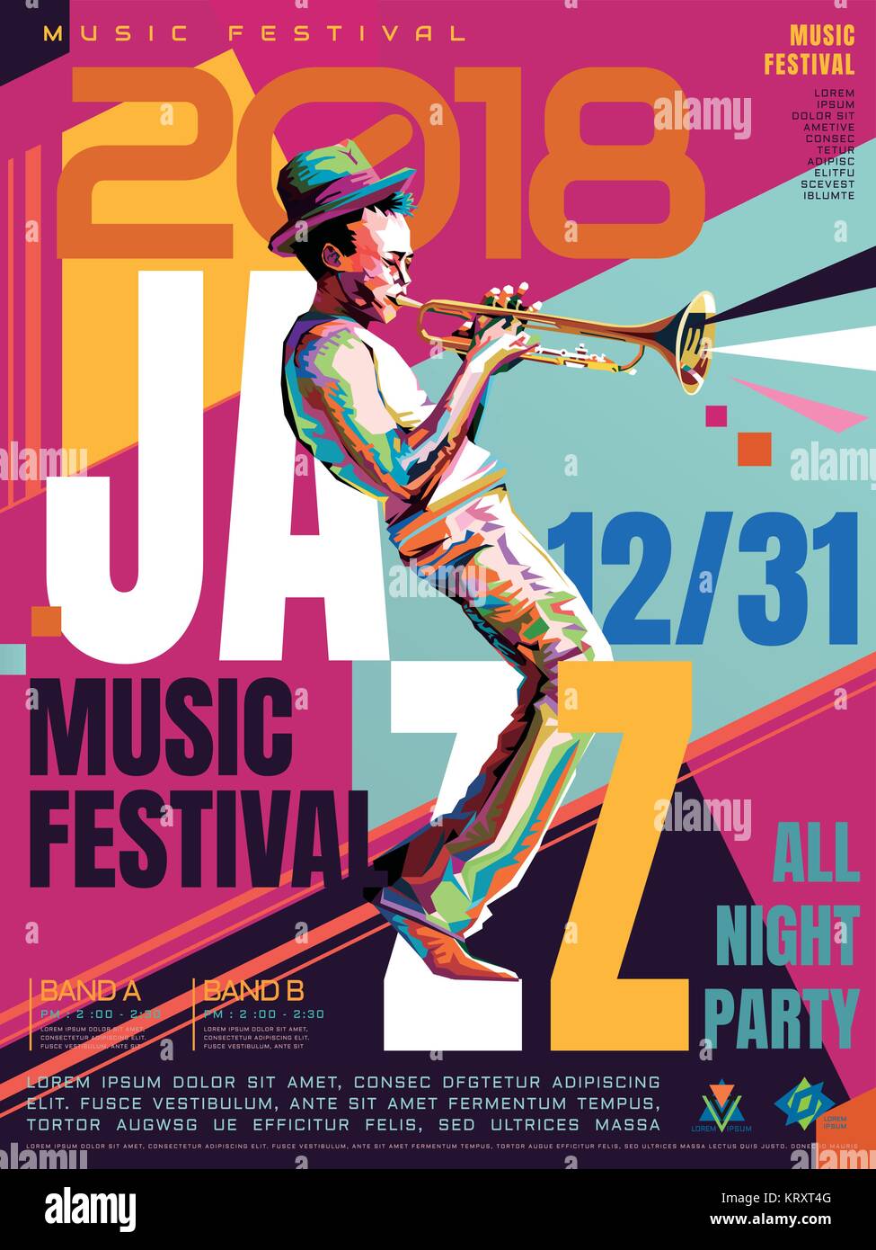 Jazz all night poster, music festival design in WPAP style, pop art portrait for trumpet performance Stock Vector