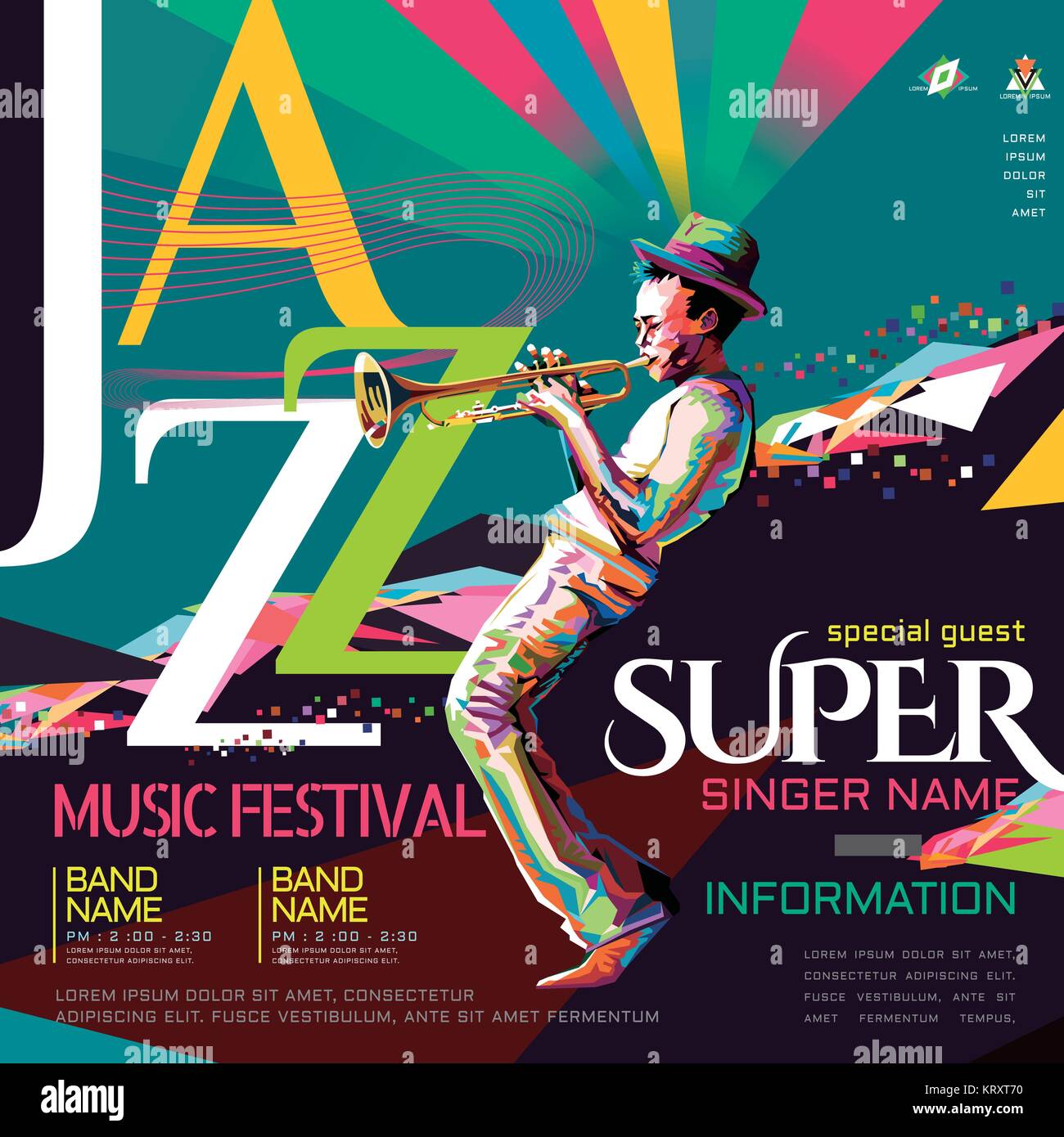 Jazz all night poster, music festival design in WPAP style, pop art portrait for trumpet performance Stock Vector