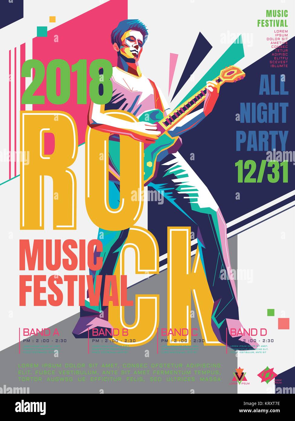 Rock music concert poster, bass guitar player in WPAP style, pop art portrait for rock music festival Stock Vector