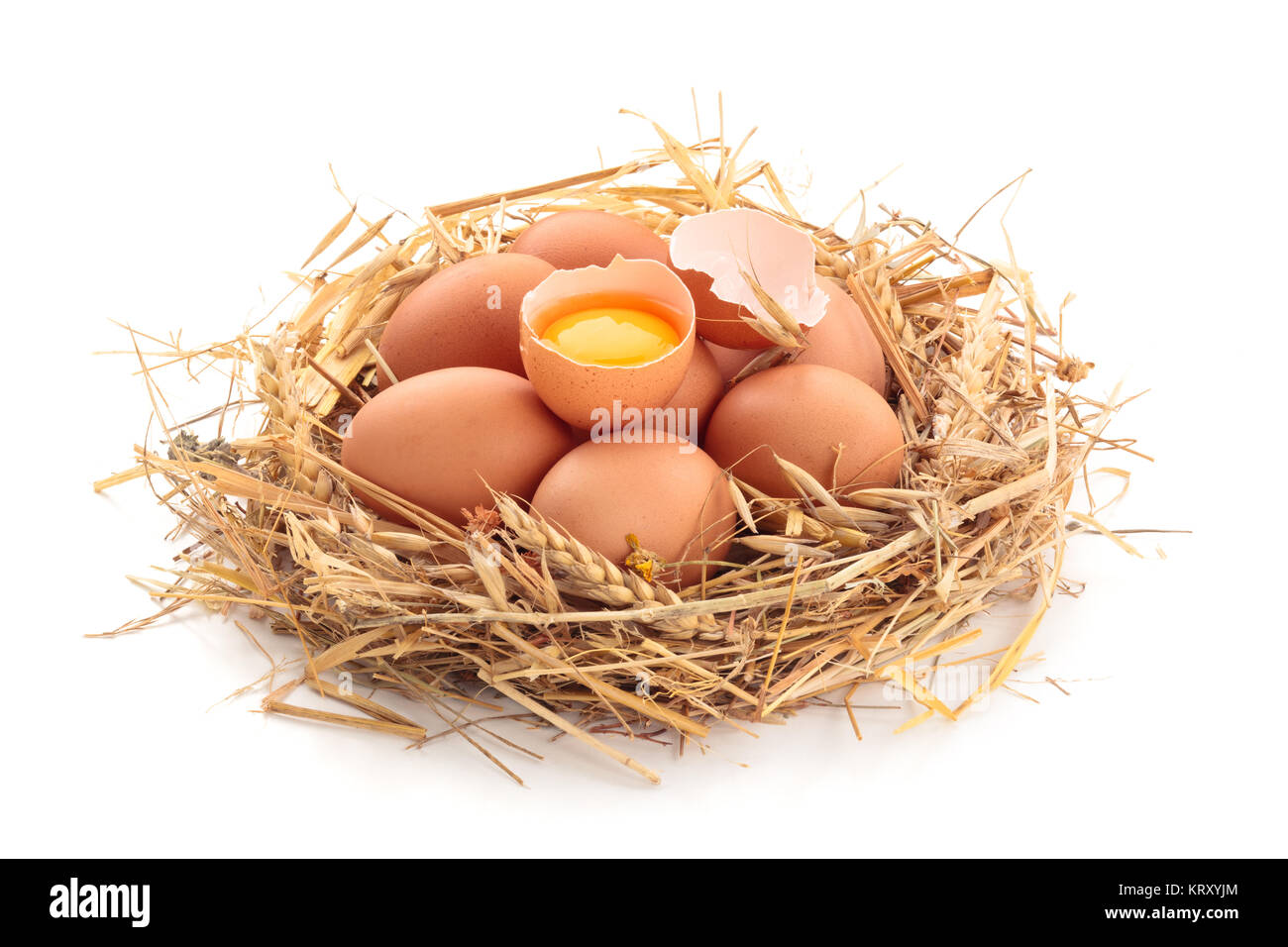 Chicken eggs in nest of straw. Isolated on white background Stock Photo ...