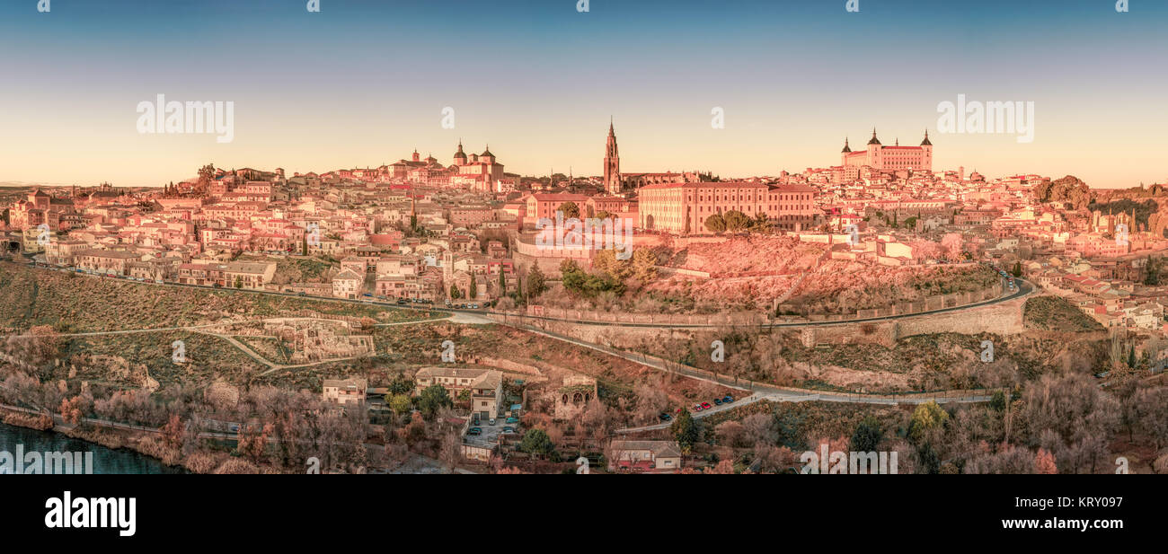 Panorama of Toledo on the sunset and twilight in Spain, Europe Stock Photo