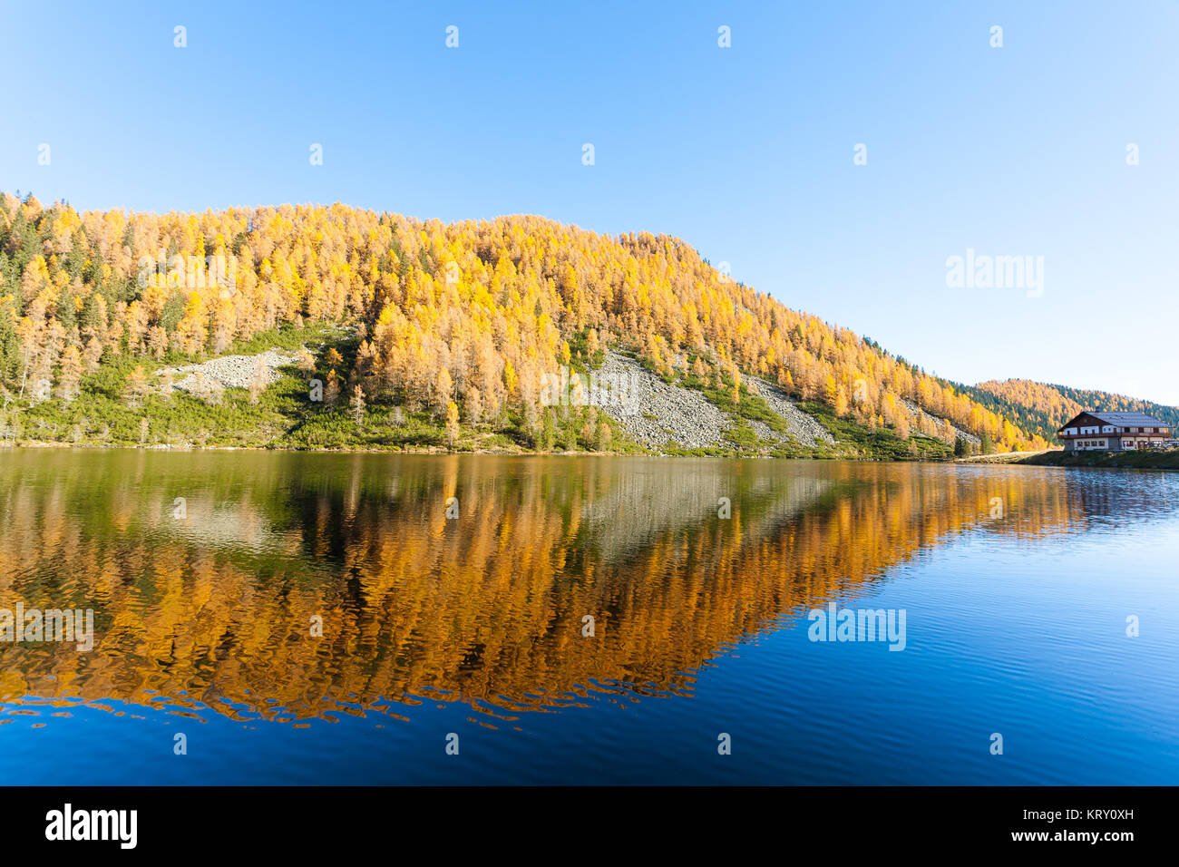 Reflections on water, autumn panorama from mountain lake Stock Photo