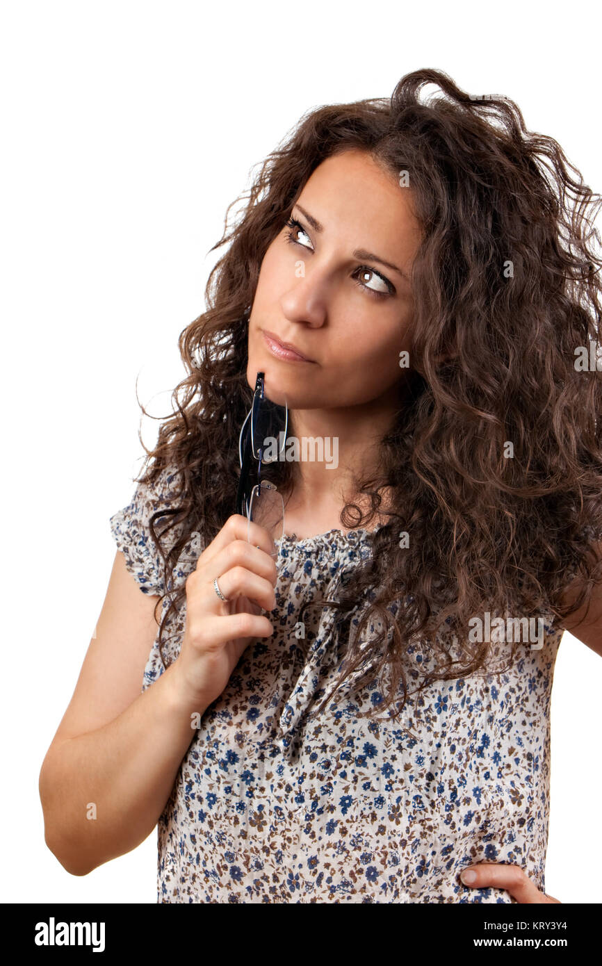 Beautiful nice woman thinking and looking up Stock Photo - Alamy