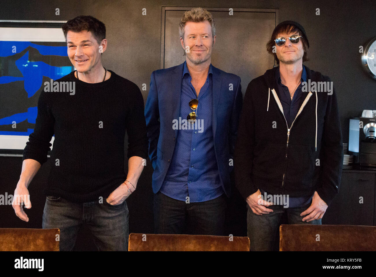 The Norwegian pop-rock group A-ha holds a press conference at The Thief in  Oslo. The group consists of Morten Harket (L), Magne Furuholmen (C) and  Paul Waaktaar-Savoy (R). Norway, 29/04 2016 Stock