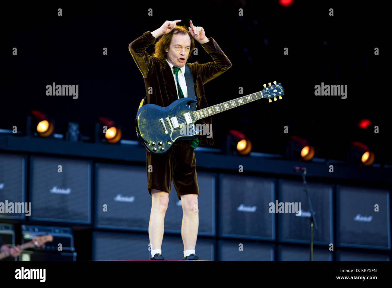 The Australian rock band AC/DC performs a live concert at Valle Hovin Stadion in Oslo as part of the Rock or Bust World 2015 Tour. Here guitarist Angus Young seen live on stage. Norway, 17/07 2015. Stock Photo