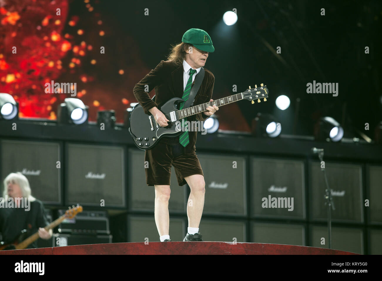 The Australian rock band AC/DC performs a live concert at Valle Hovin Stadion in Oslo as part of the Rock or Bust World 2015 Tour. Here guitarist Angus Young seen live on stage. Norway, 17/07 2015. Stock Photo