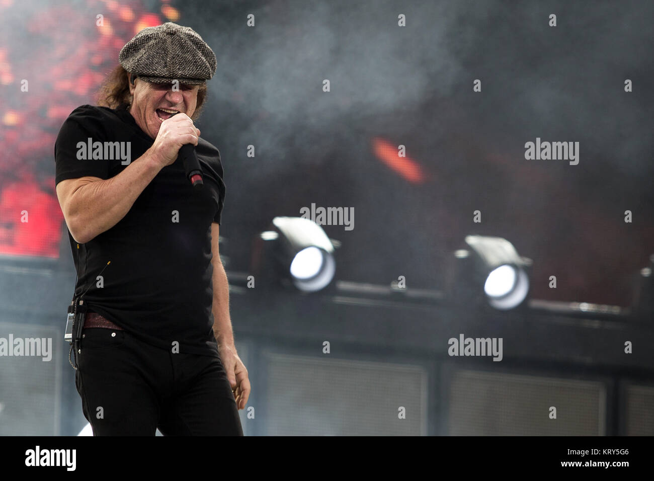 The Australian rock band AC/DC performs a live concert at Valle Hovin Stadion in Oslo as part of the Rock or Bust World 2015 Tour. Here vocalist Brian Johnson seen live on stage. Norway, 17/07 2015. Stock Photo