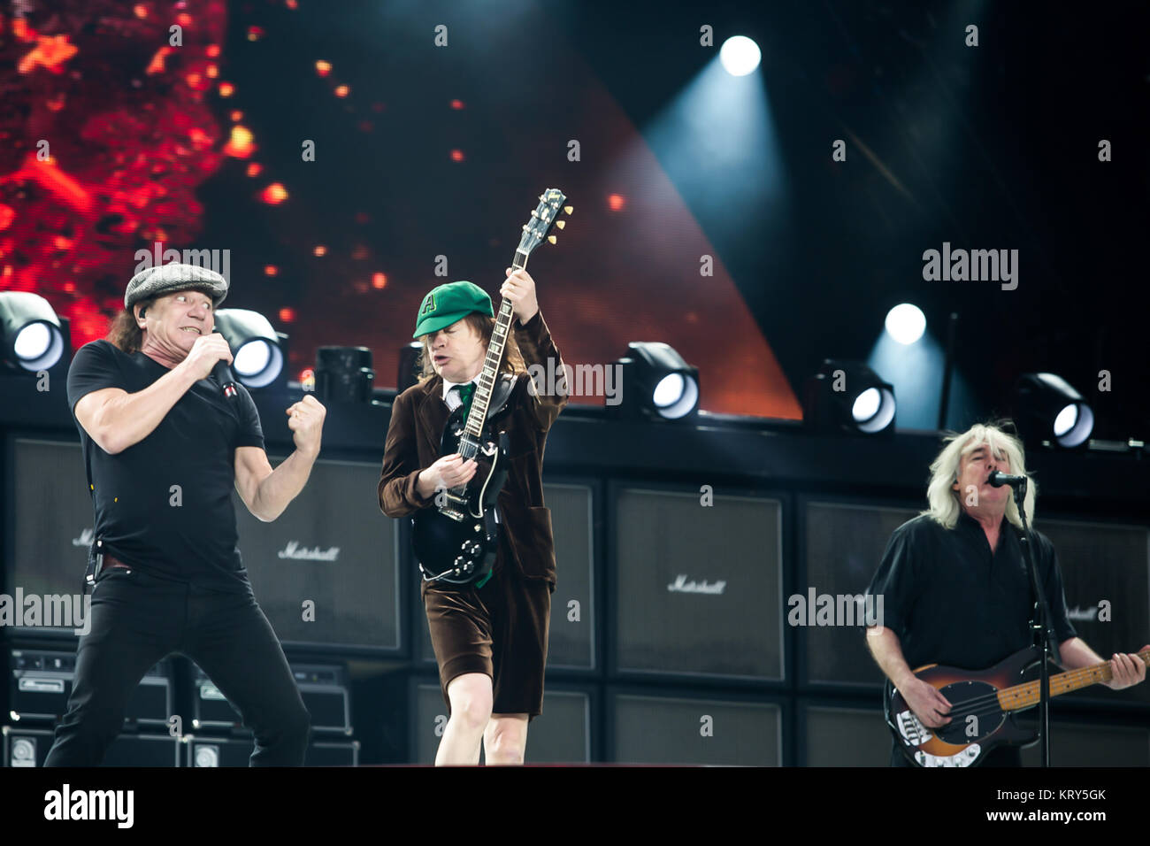 The Australian rock band AC/DC performs a live concert at Valle Hovin Stadion in Oslo as part of the Rock or Bust World 2015 Tour. Here vocalist Brian Johnson seen live on stage with guitarist Angus Young. Norway, 17/07 2015. Stock Photo