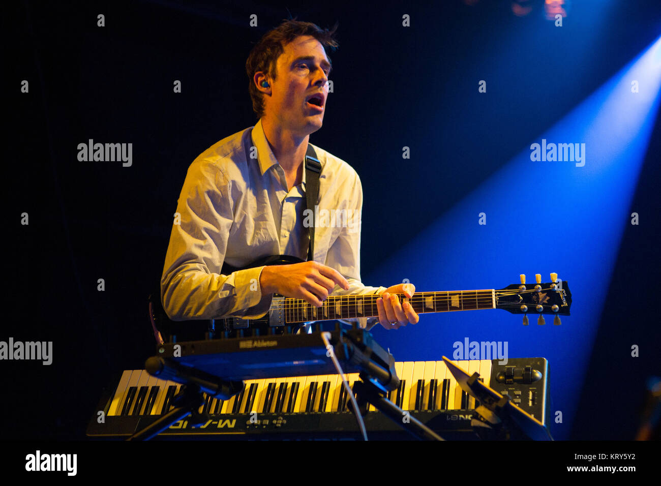 The American experimental rock band Battles performs a live concert at