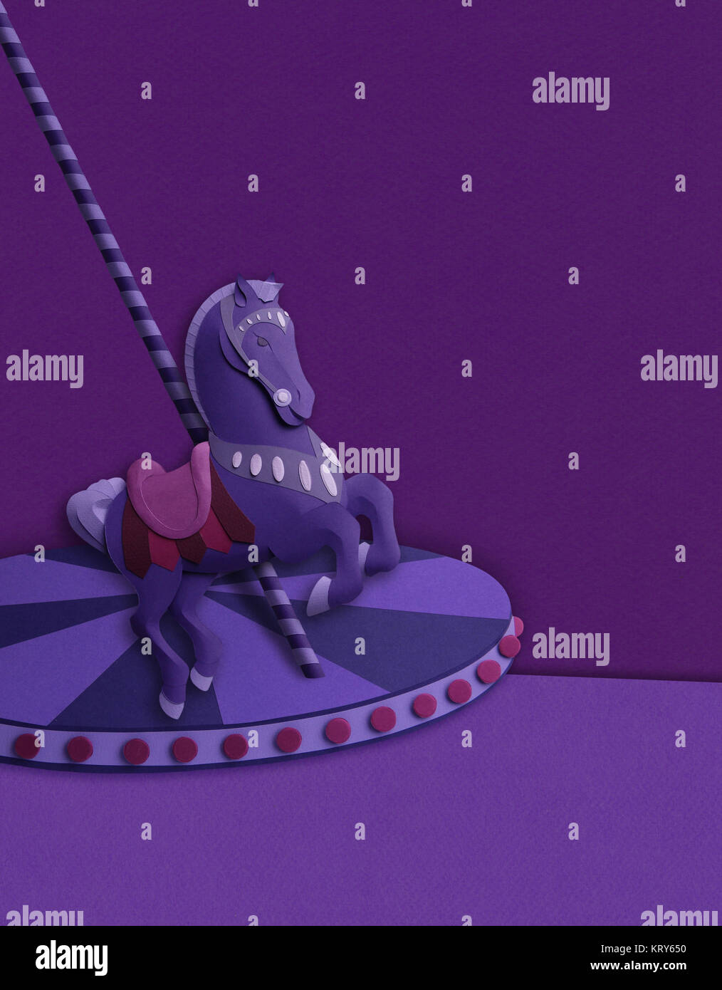 Paper sculpture illustration by Gail Armstrong . A fairground scene with carousel horse and rollercoaster in purple Stock Photo