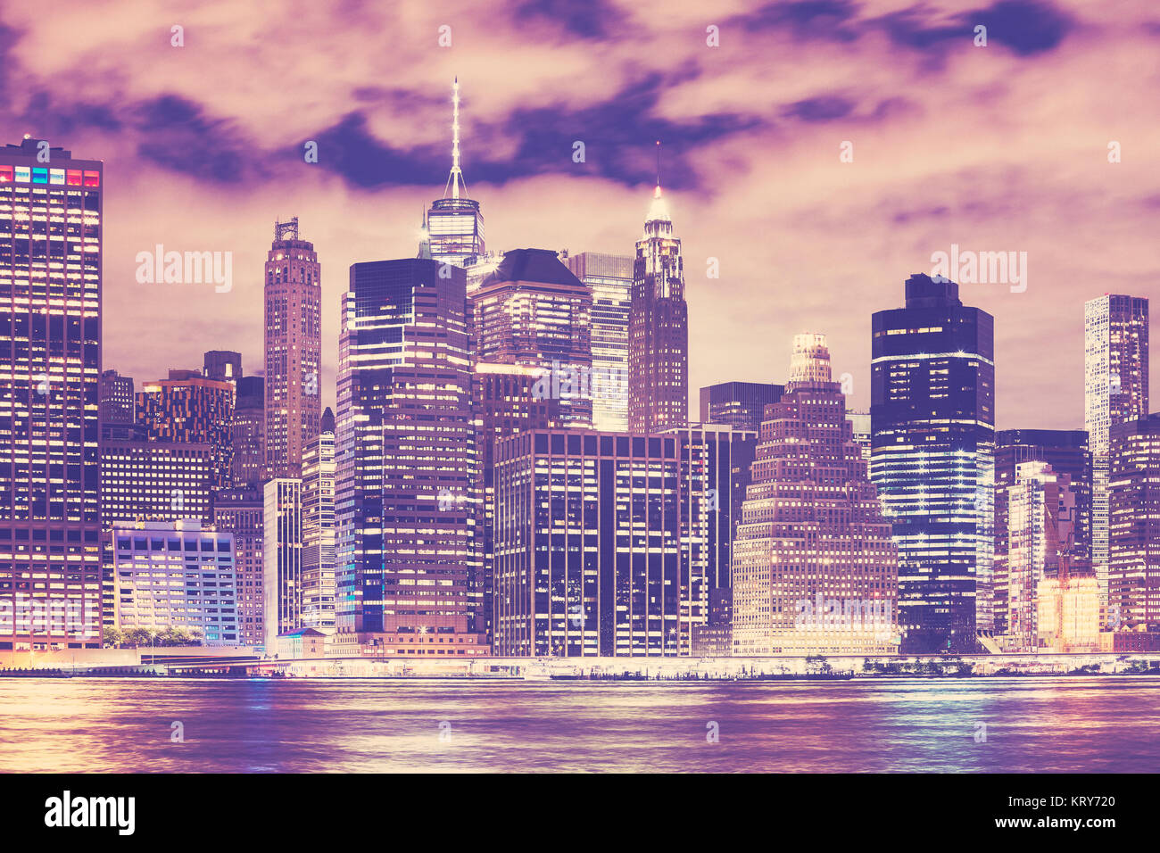 New York City skyline at night, color toned picture, USA. Stock Photo