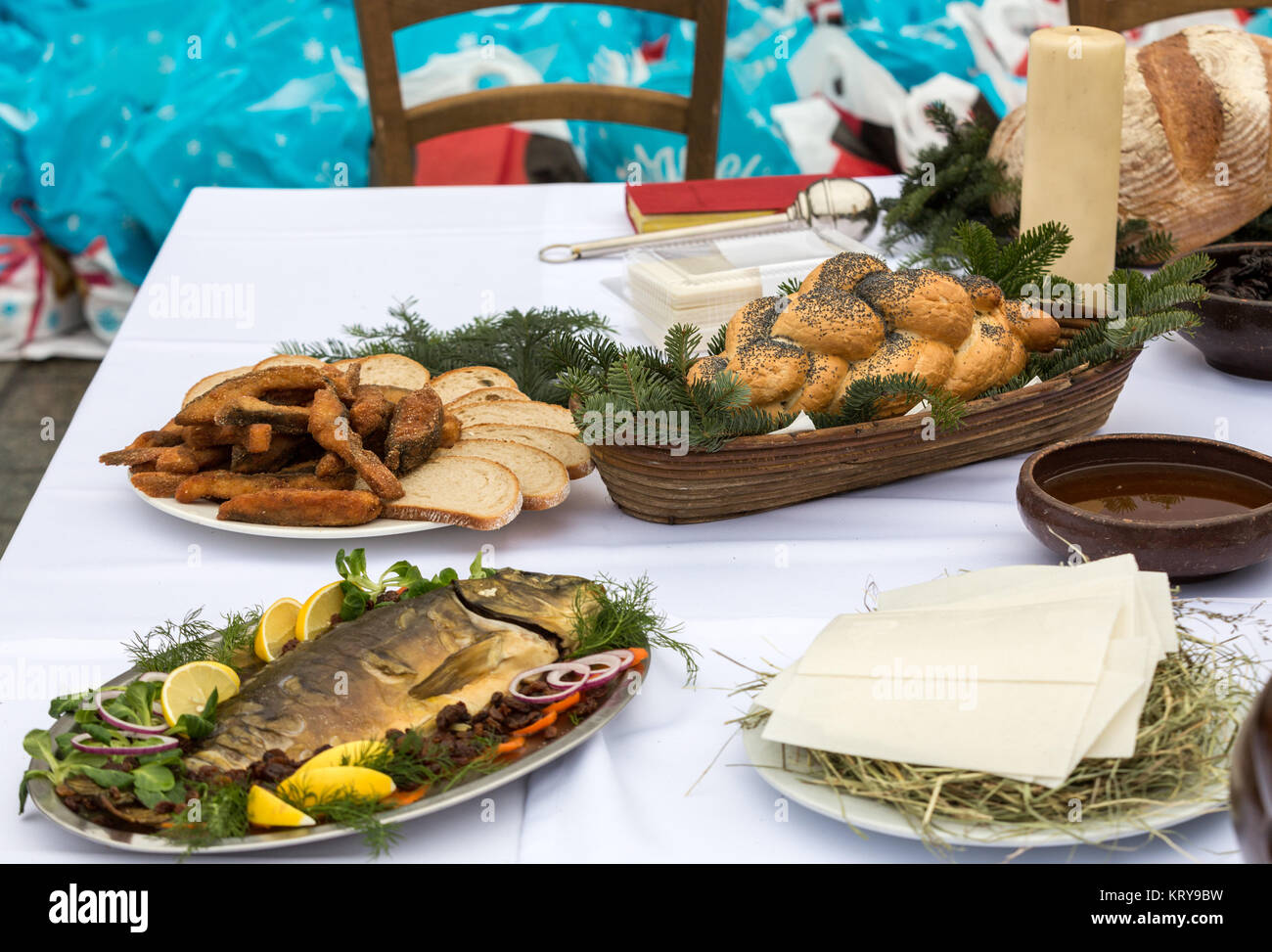 Christmas food on the table decorating with Christmas tree Stock Photo