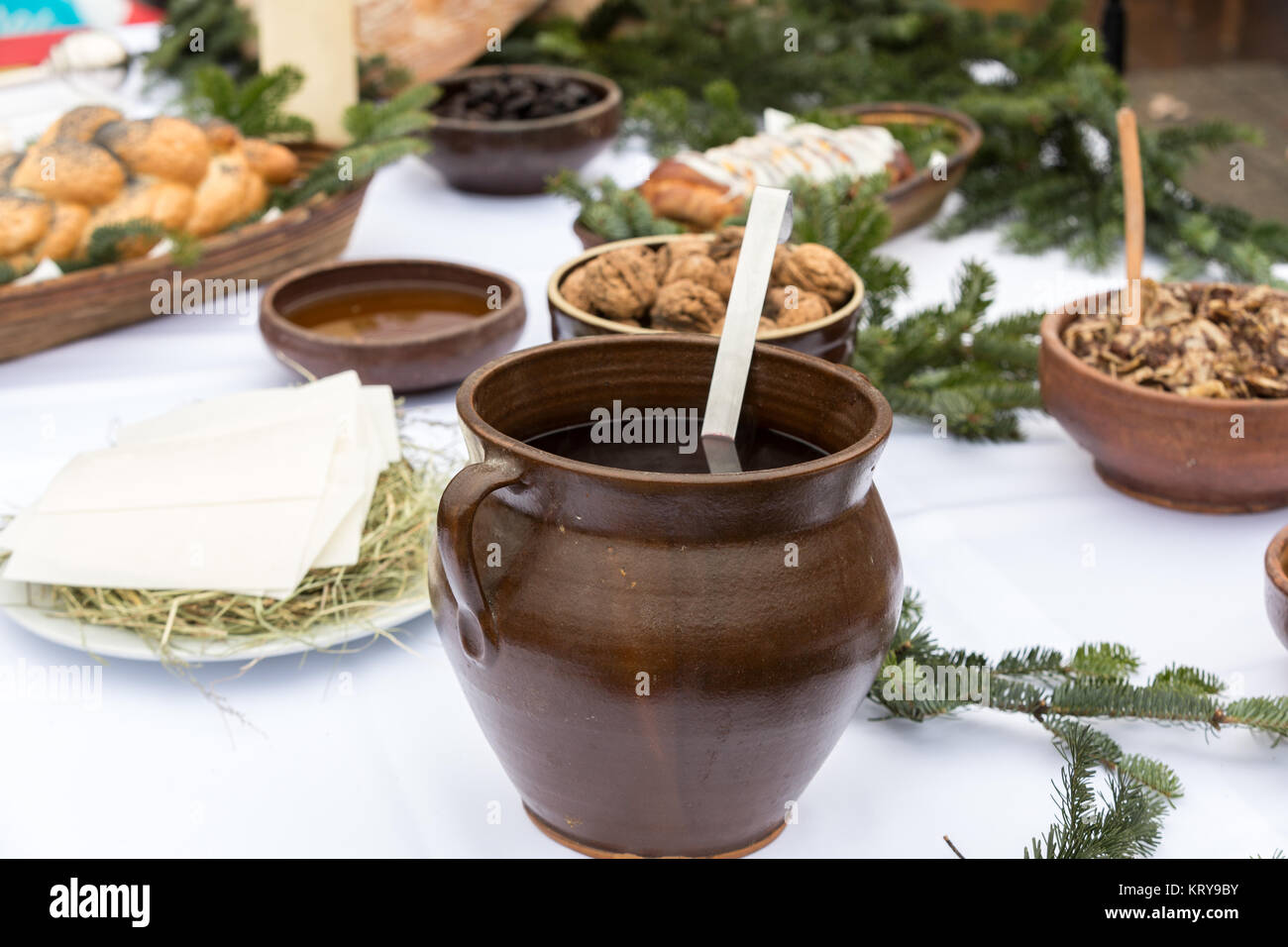 Christmas food on the table decorating with Christmas tree Stock Photo