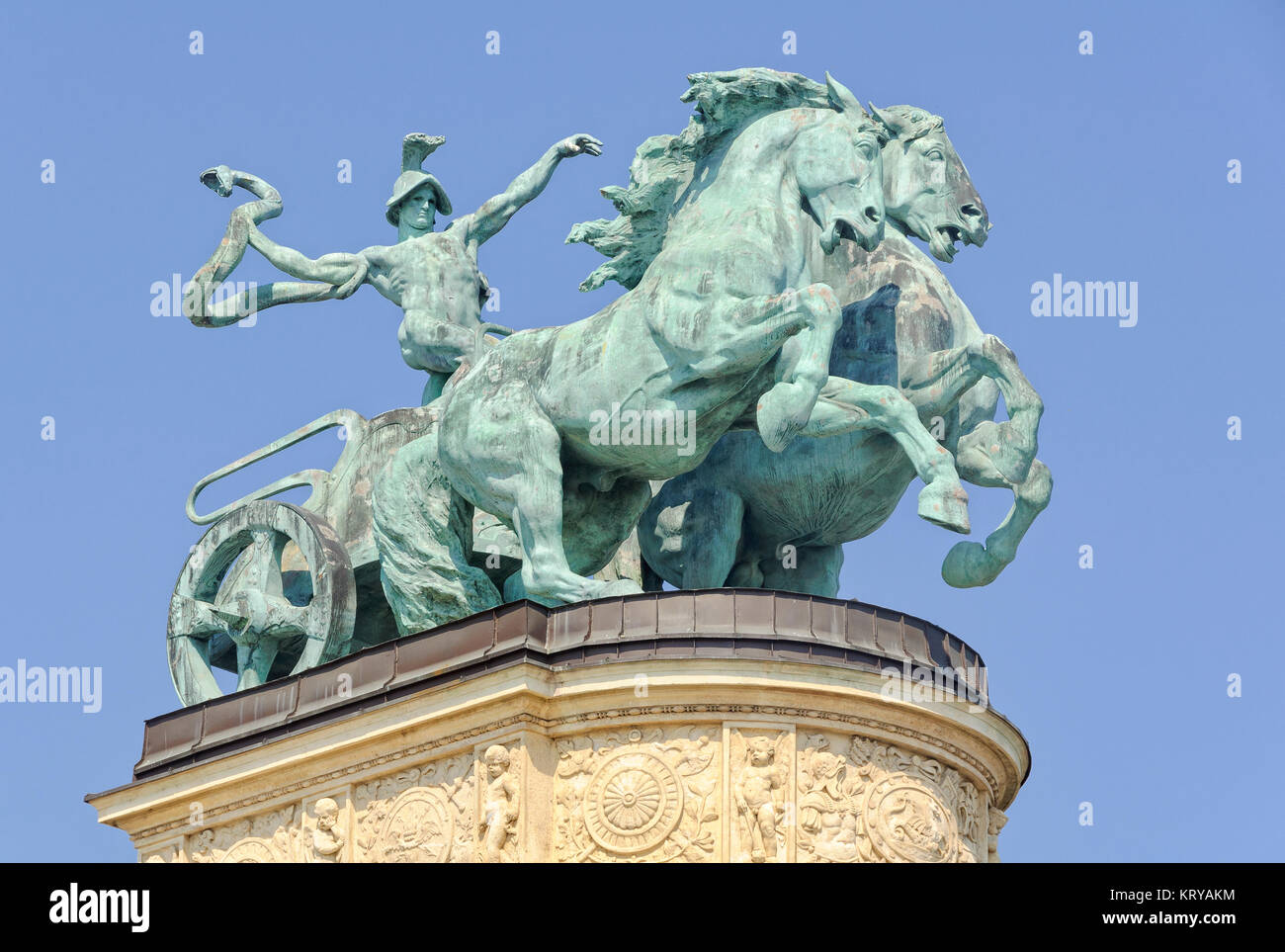 Statue of a Man with a Snake the symbol of War on the Heroes' Square - Budapest, Hungary Stock Photo