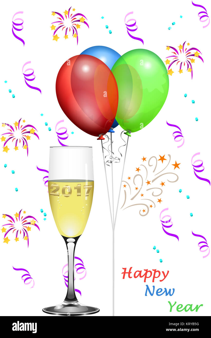 balloons and confetti us champagne glass and text happy new year Stock ...