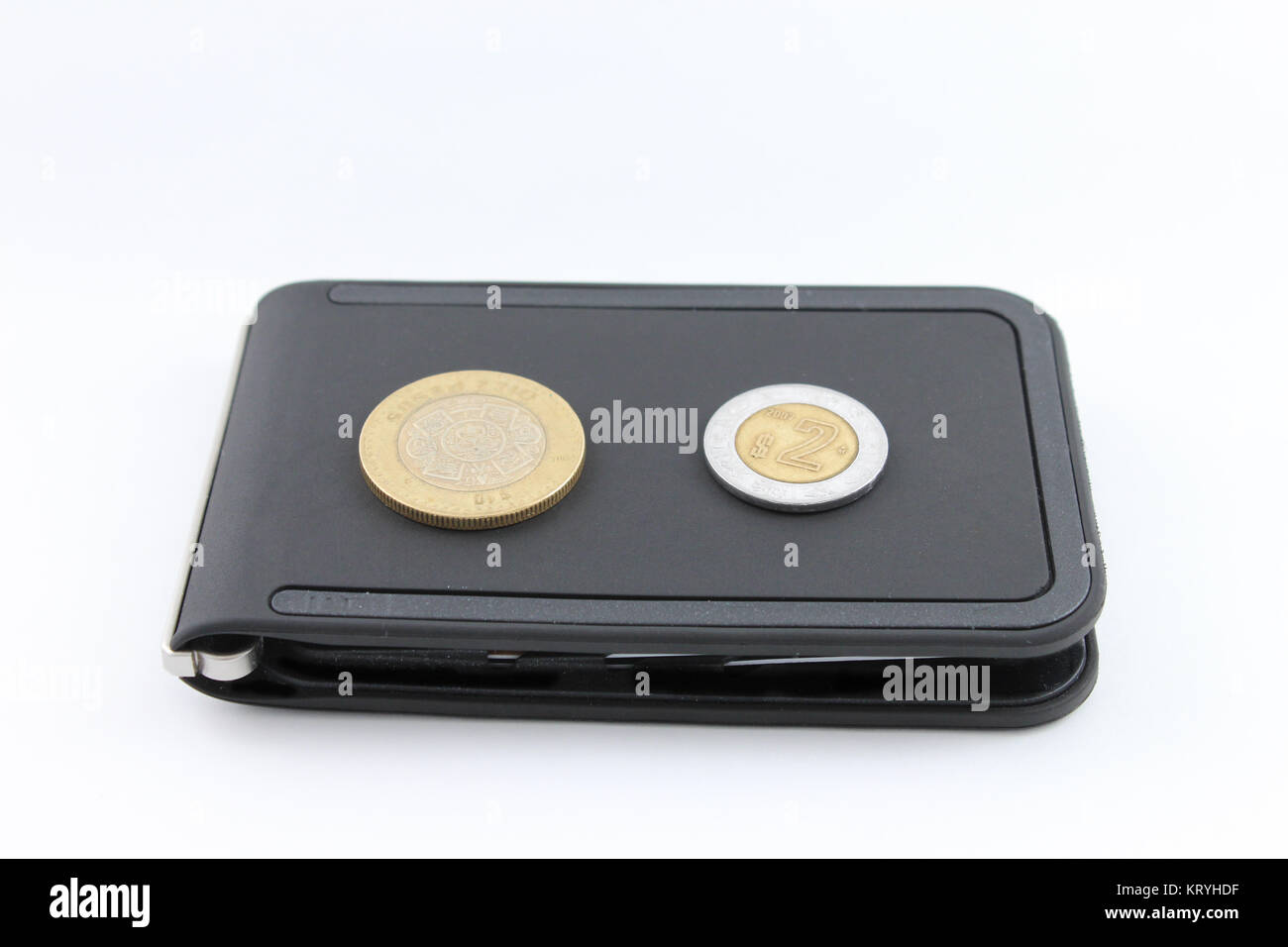 Black wallet with coins isolated on white background Stock Photo - Alamy