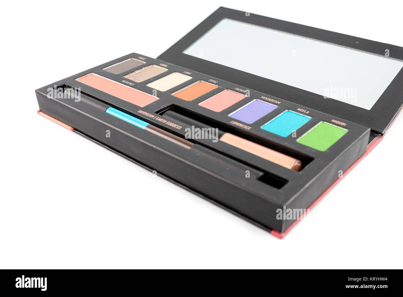Eye shadow palette with lip gloss and eye liner Stock Photo