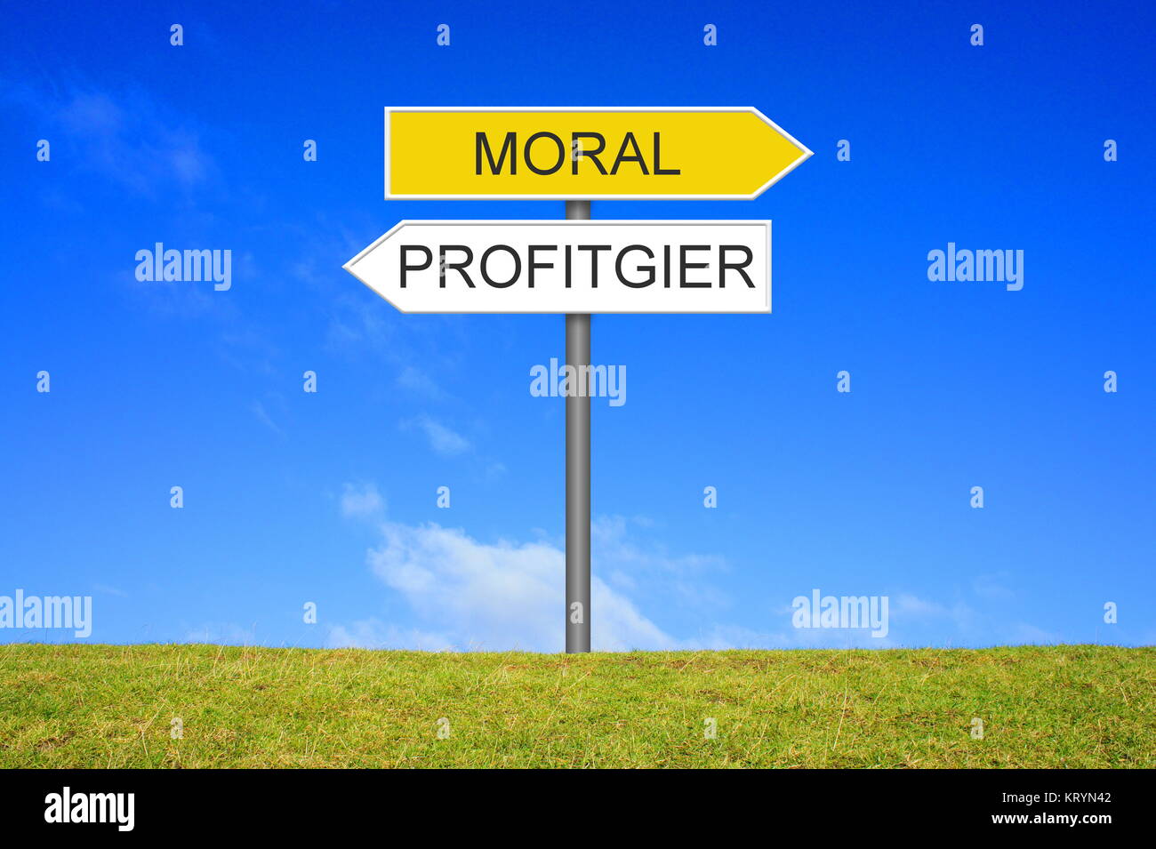 sign pointing toward morality or profiteering Stock Photo