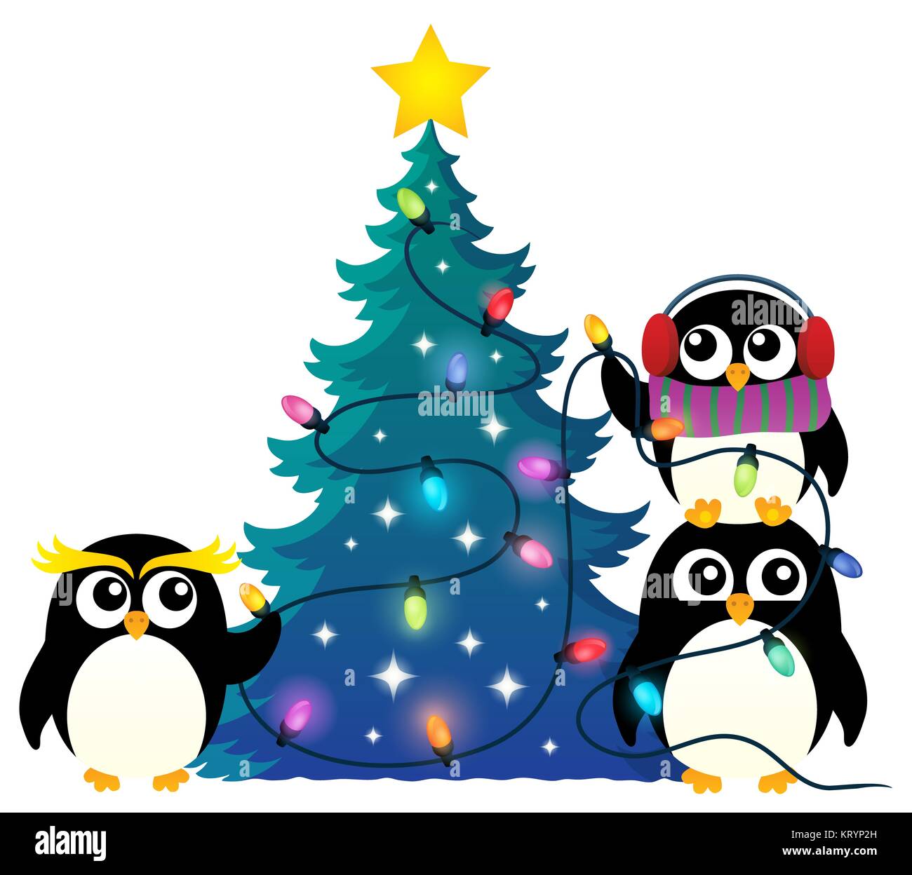 Penguins around Christmas tree theme 1 Stock Photo Alamy