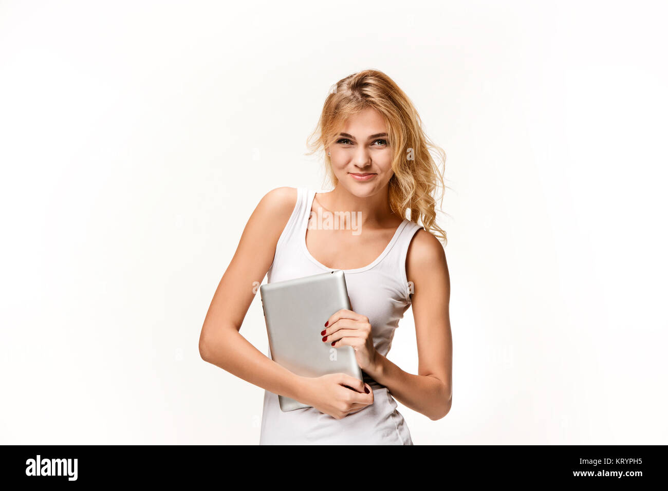 Portrait of beautiful smiling girl with modern laptop Stock Photo - Alamy
