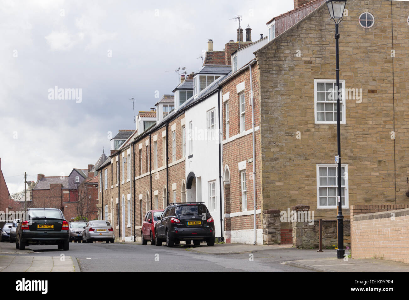 Houses on Percy Street, Tynemouth, Tyne and Wear, historically part of the country of Northumberland. The terraced houses have no front garden. Stock Photo