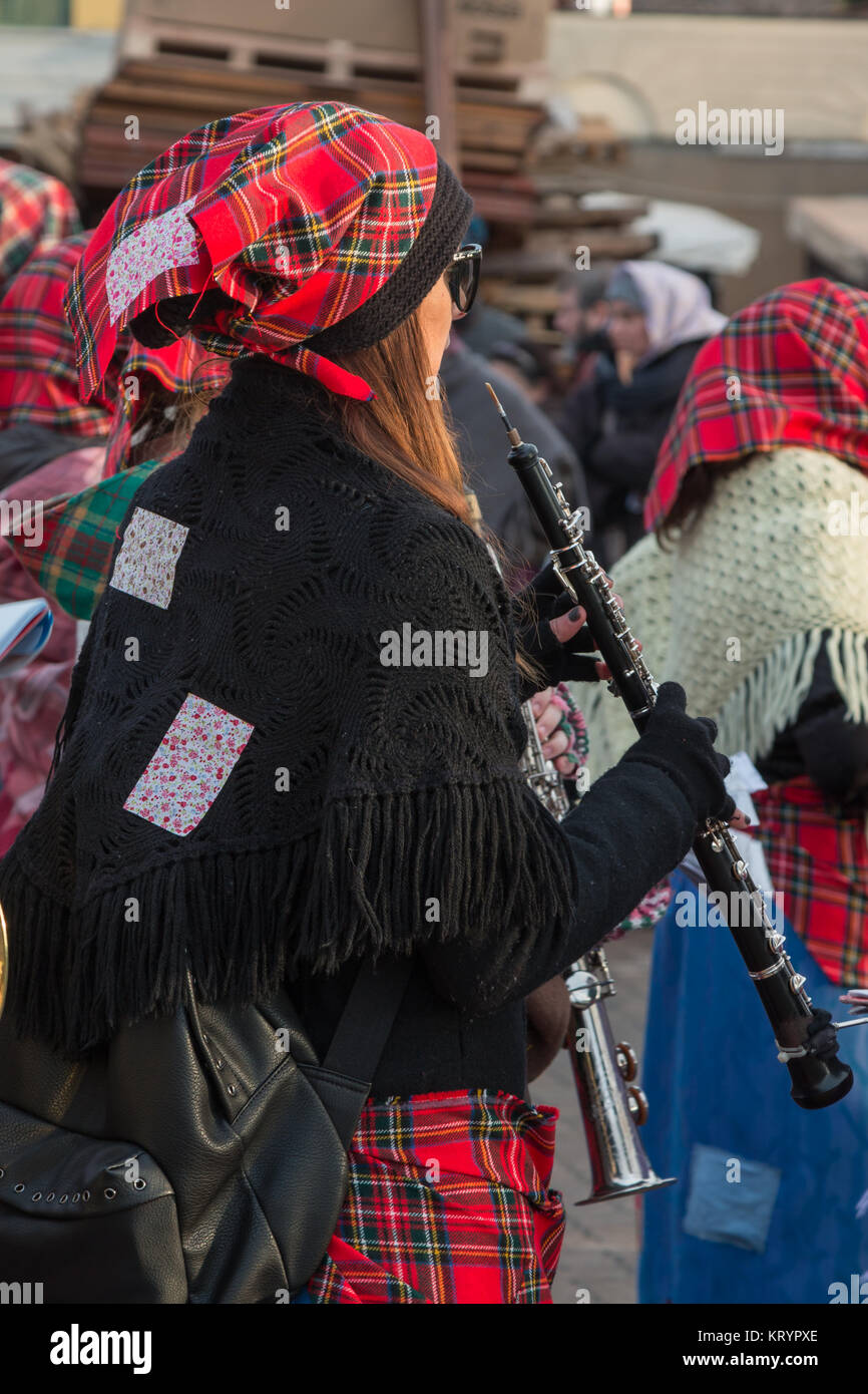 Girl with Red Scottish Kerchief and Shawl Playing Flute Instrument ...