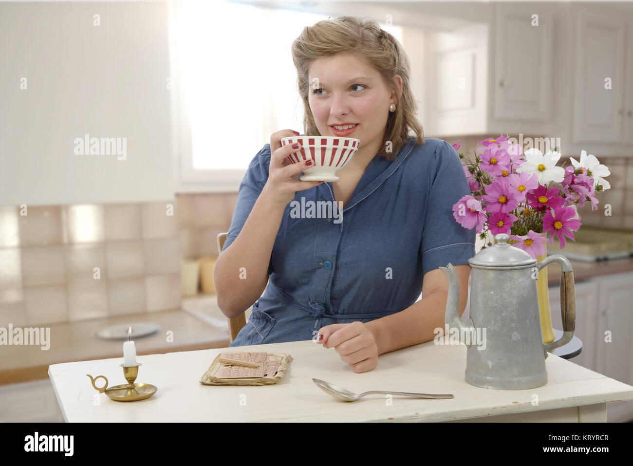 beautiful woman with vintage clothes drink a coffee Stock Photo