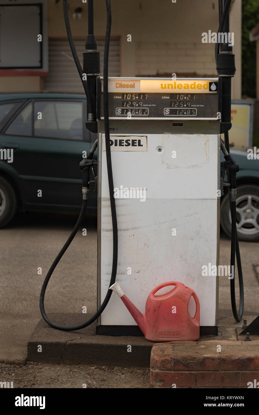A single fuel or petrol or gas pump with two bowsers at a country roadhouse in NSW, Australia Stock Photo