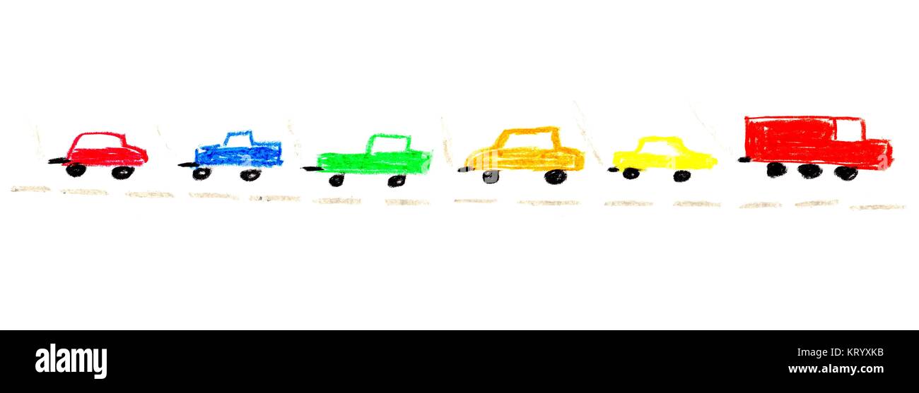 Zeichnung von einfachen bunten isolierten Autos auf einer Straße Stock Photo