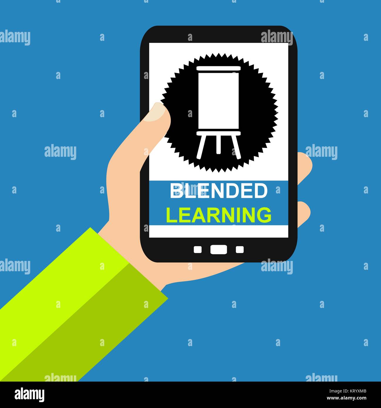 Hand mit Smartphone: Blended Learning - Flat Design Stock Photo