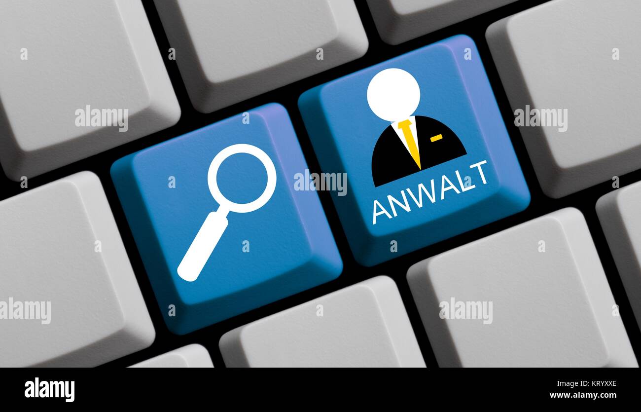 Blaue Tastatur mit Symbolen zeigt online suchen nach Anwalt Stock Photo