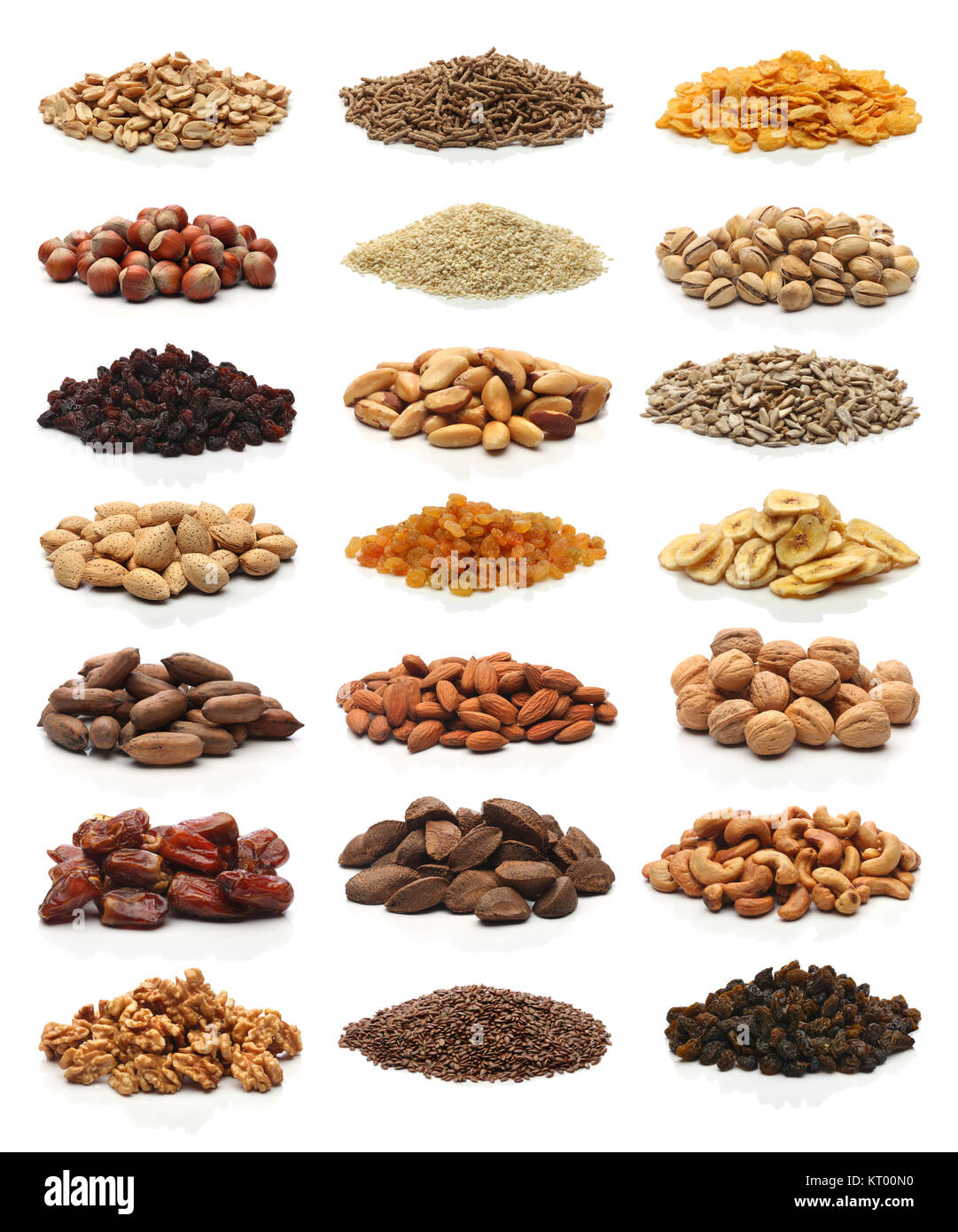 Collection of healthy dried fruits, cereals, seeds and nuts isolated