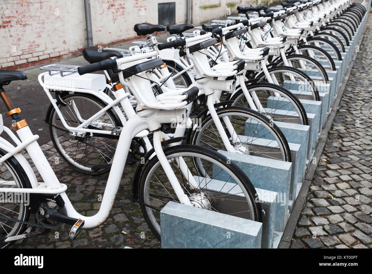 White city bicycles for rent stand in a row on a cobbled street of Copenhagen, Denmark Stock Photo