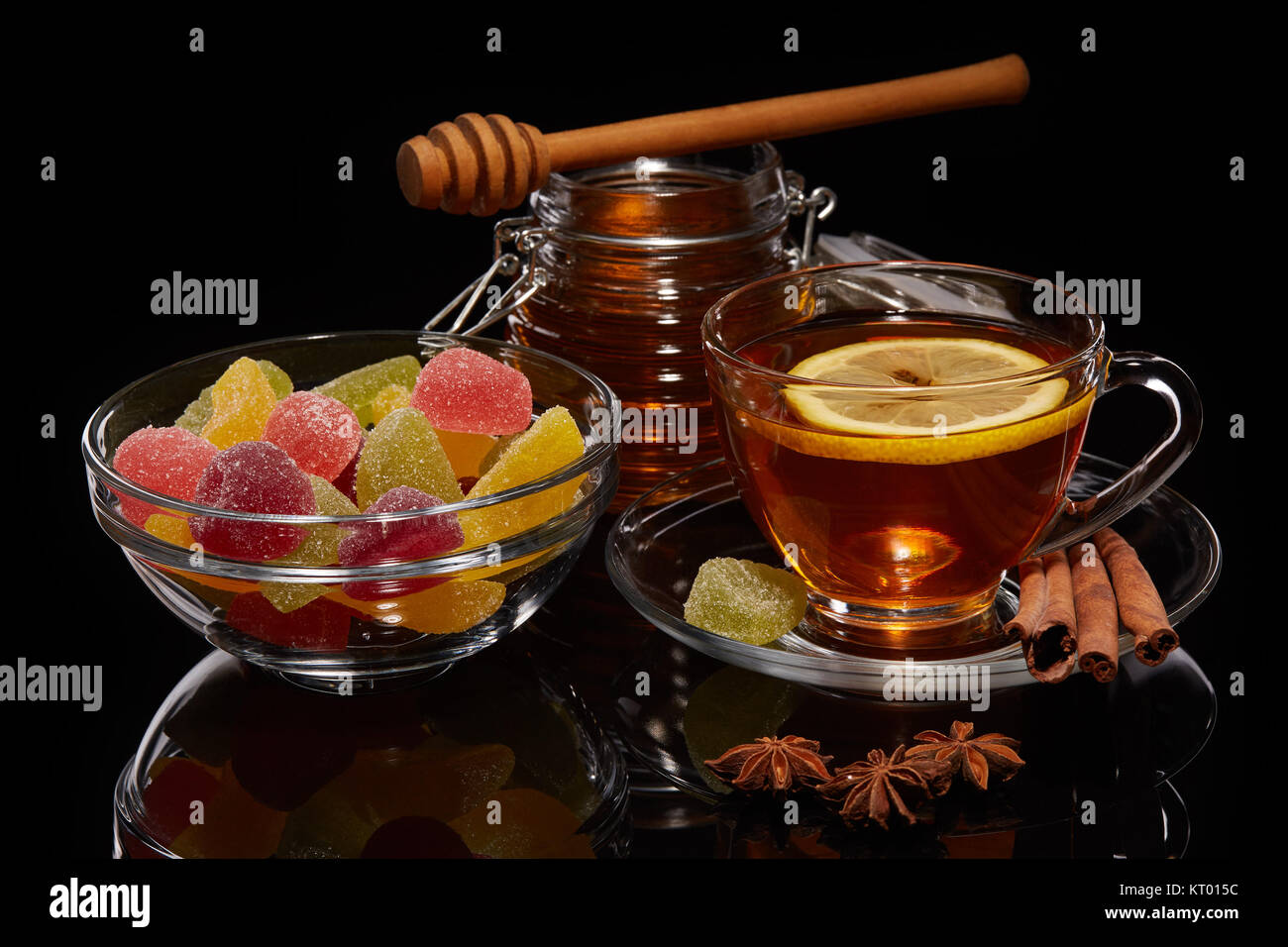 Fruit marmalade, honey and tea Stock Photo Alamy