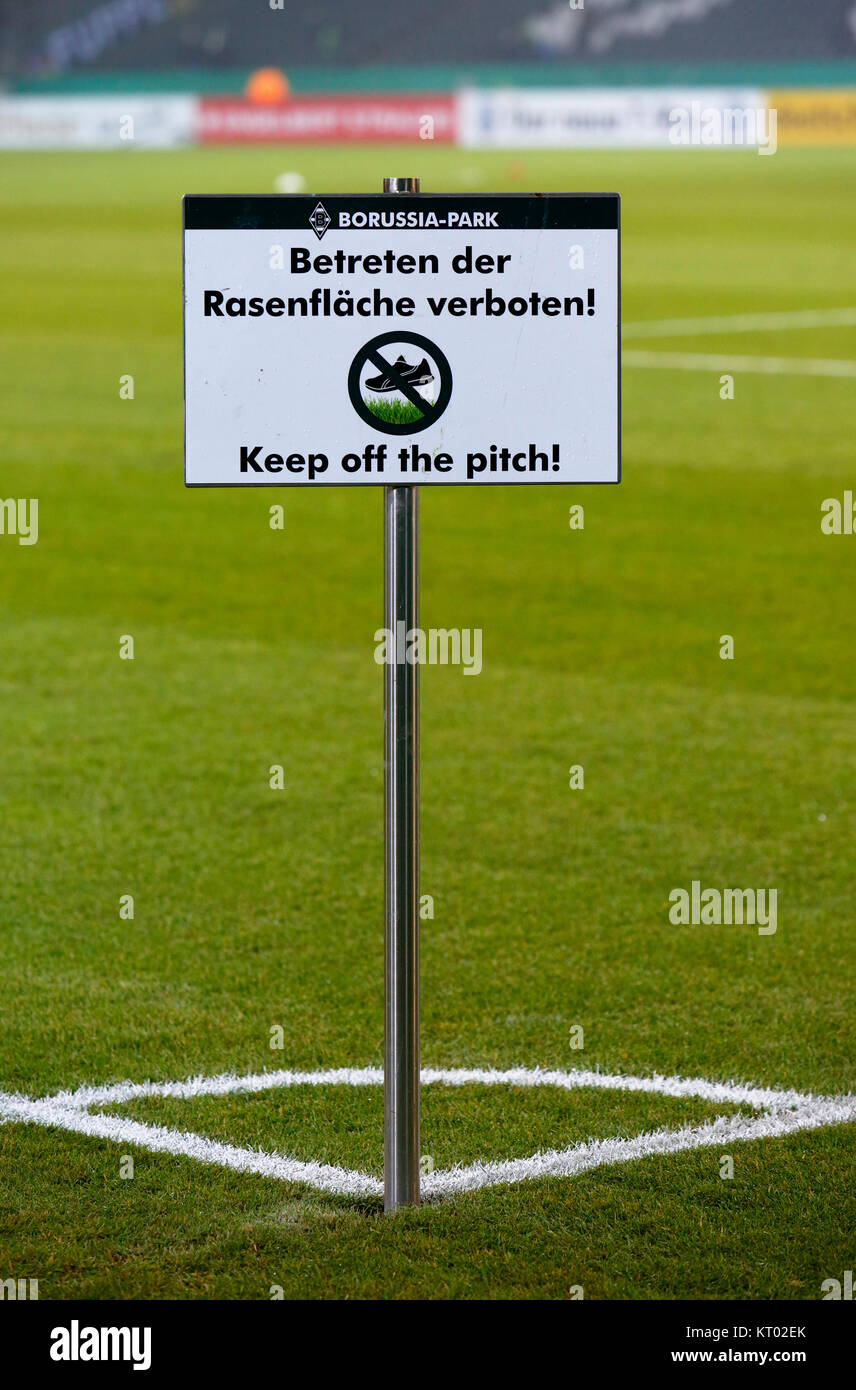 sports,football,DFB Cup,2017/2018,last sixteen,Borussia Moenchengladbach vs Bayer 04 Leverkusen 0:1,Stadium Borussia Park,sign on the sidelines,It is forbidden to walk on the grass,keep off the pitch Stock Photo
