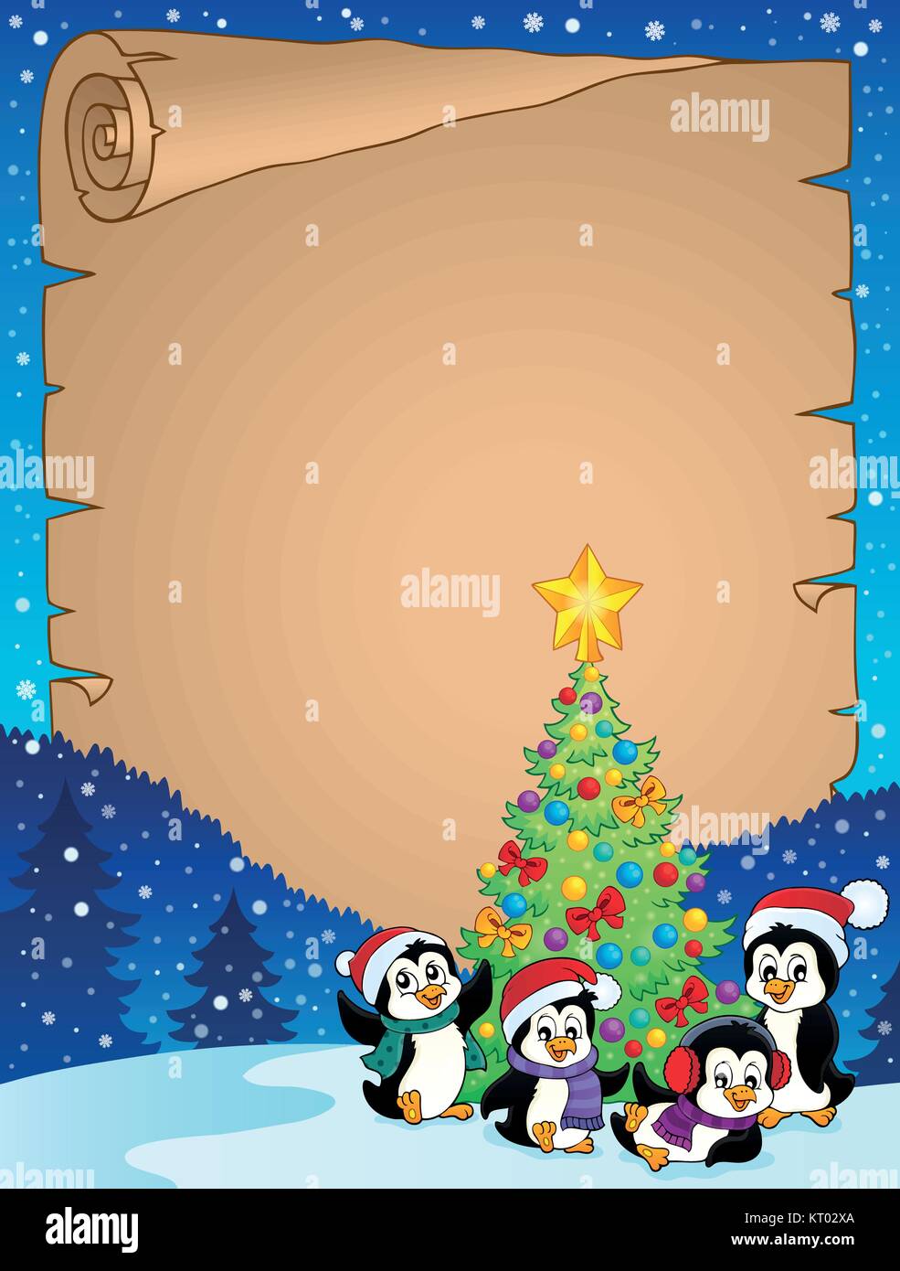Christmas tree and penguins parchment 1 eps10 vector illustration