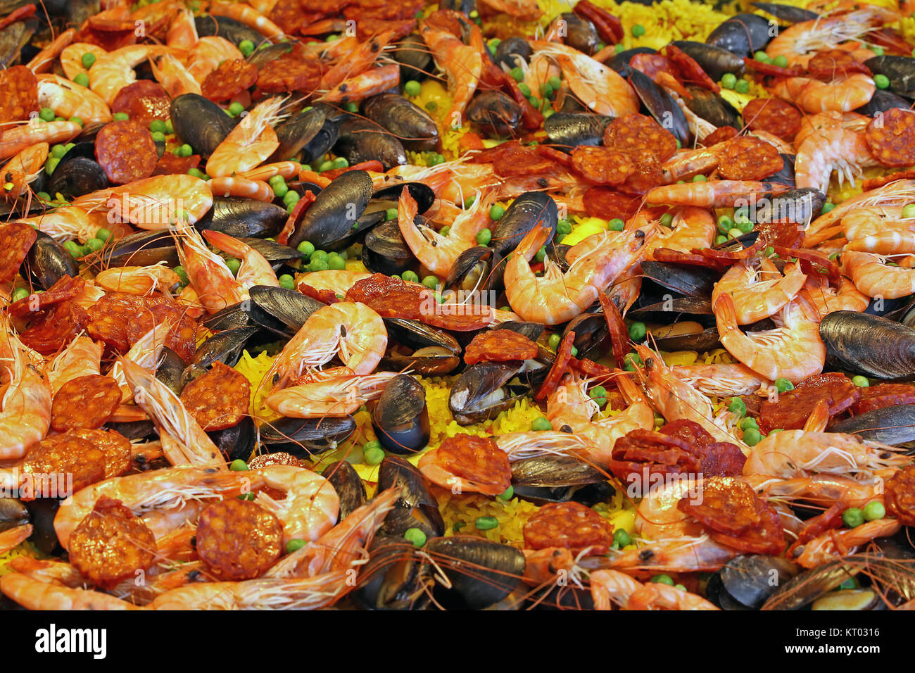 huge paella with seafood and garlic sausage Stock Photo