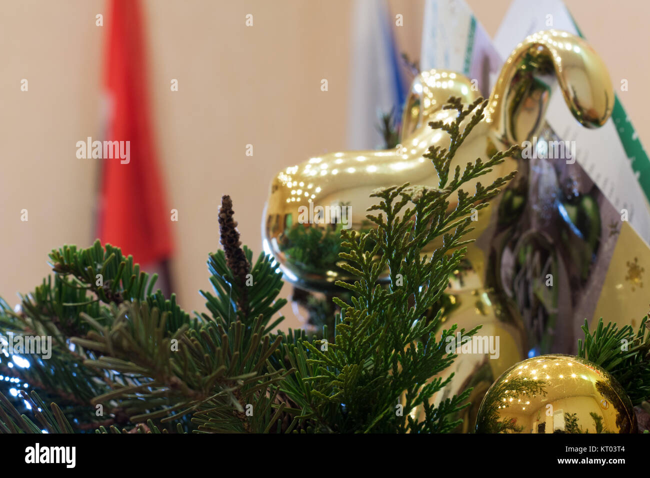 Christmas tree fir and cork from champagne and gold dog Stock Photo