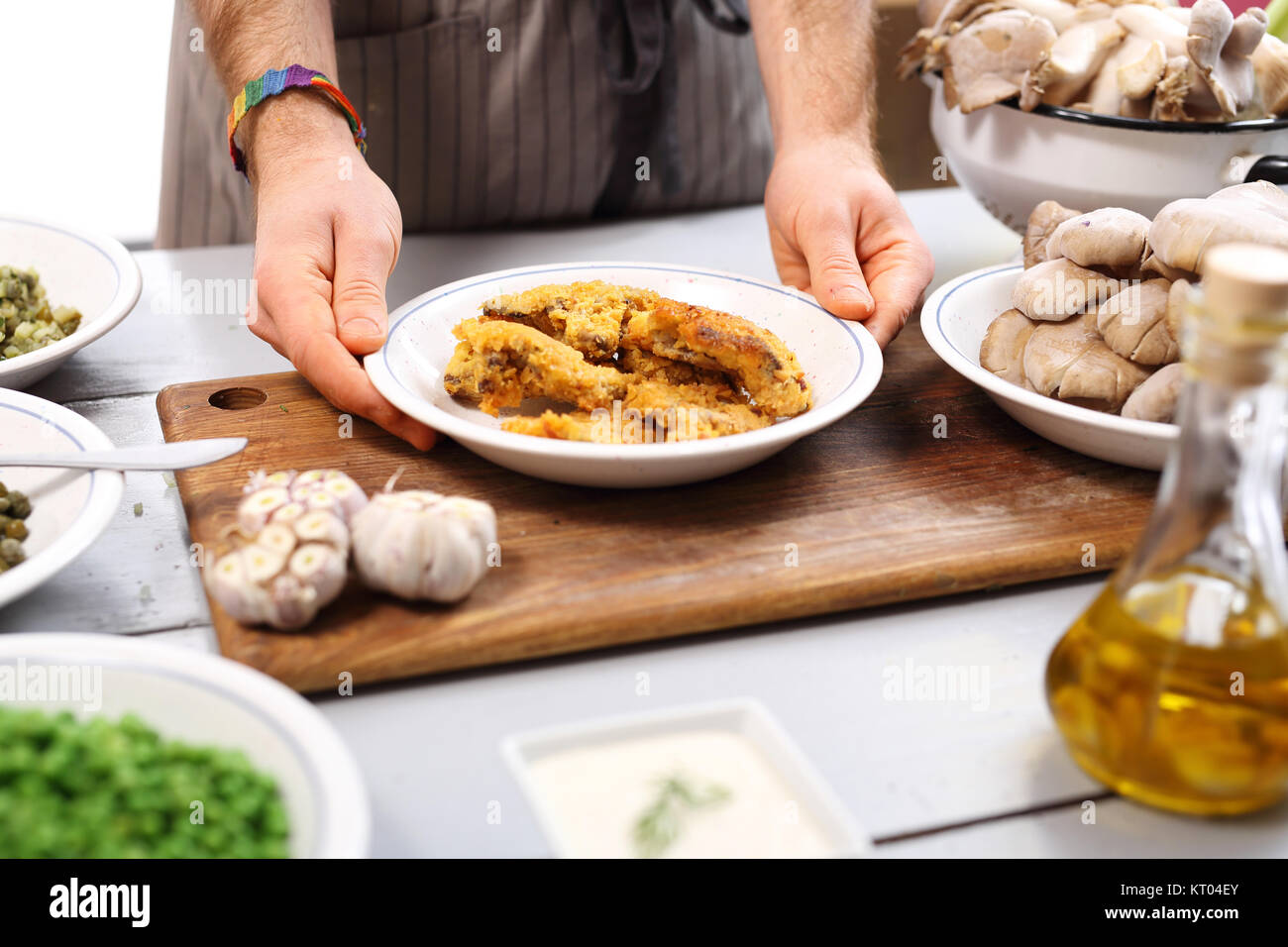 a dish of oyster mushrooms. vegan dish. Stock Photo