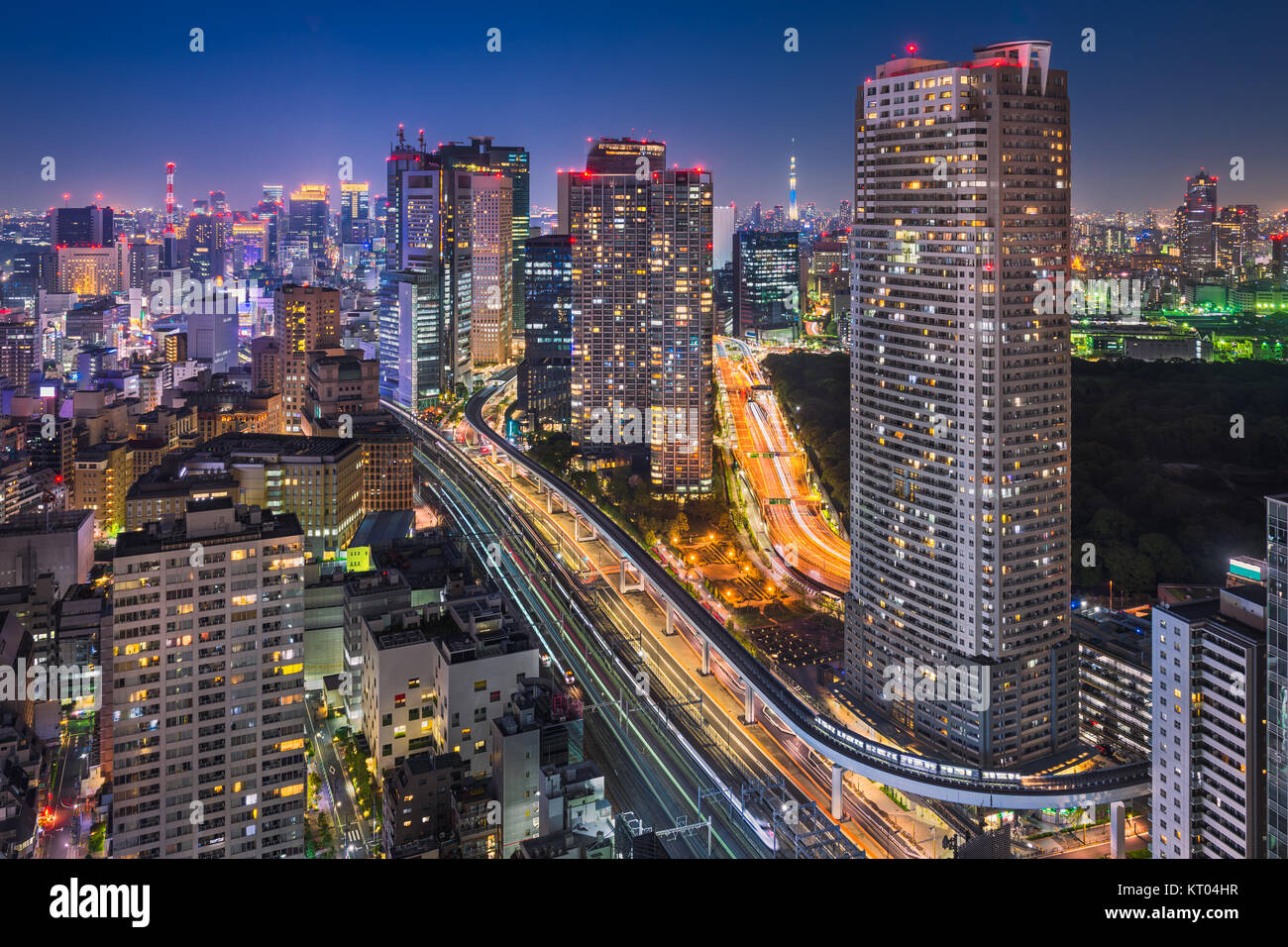 Night skyline of Tokyo with the Skytree in the background, Japan Stock Photo