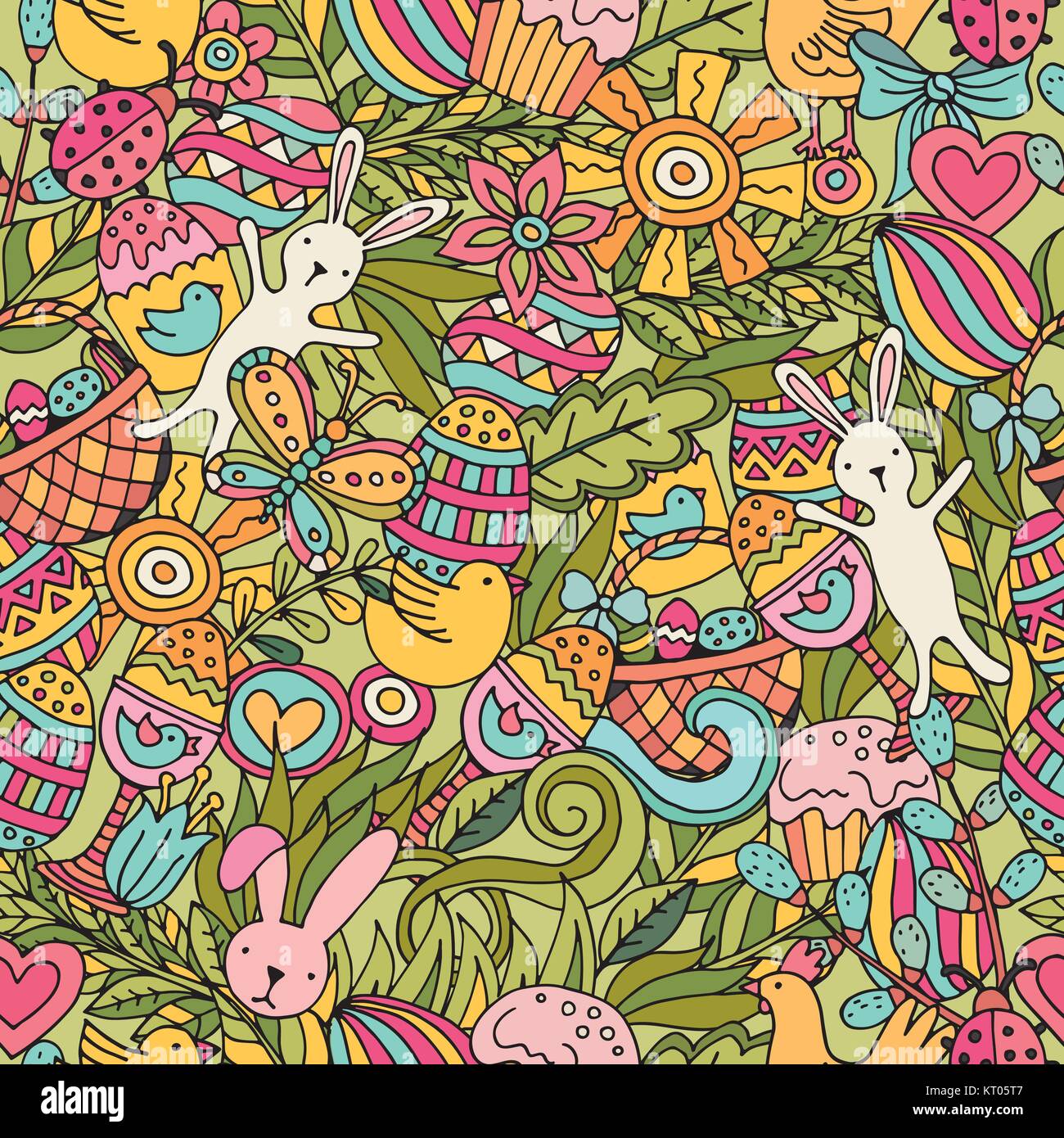 Cartoon vector hand drawn Doodle Happy Easter illustration. Seamless ...