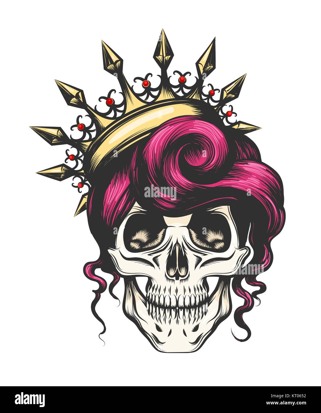 Female skull with a crown and long hair. Queen of death drawn in tattoo style. Vector illustration. Stock Vector