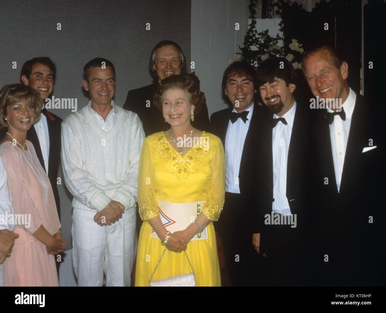 At the Royal Ascot Ball at Windsor Castle (l-r) singer Sarah Payne, Prince Edward, actor Ian Charleson, Queen Elizabeth II, lyricist Tim Rice (behind the Queen), composer Andrew Lloyd Webber, theatre director Trevor Nunn and Prince Philip, Duke of Edinburgh. Prince Edward recently invited Andrew Lloyd Webber and Tim Rice to write a piece of music as birthday presents for his Royal parents. The piece - called 'Cricket' - was directed by Trevor Nunn and performed during the ball. Stock Photo