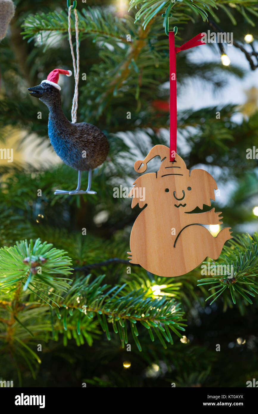 Australian Christmas tree decorations - a festive Koala and a Cassowary in a santa hat. Stock Photo