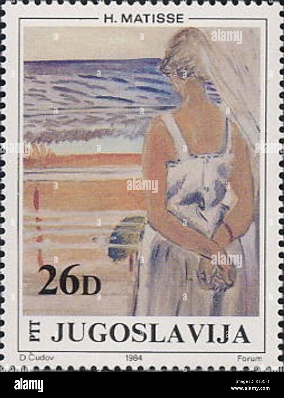 'At the Window' by Henri Matisse is a famous artwork, and this Yugoslavian stamp from 1984 commemorates the piece. The stamp showcases Matisse’s signature use of color and form in depicting a window scene. Stock Photo