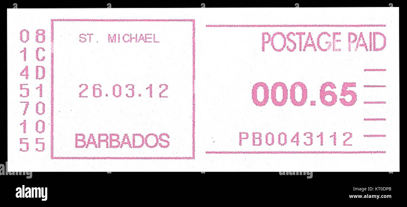 Barbados Pitney Bowes meter stamp 26 March 2012 Stock Photo