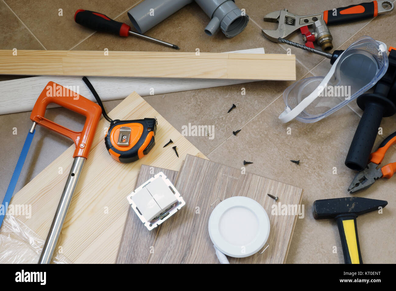 Set of work tools and accessories for home renovation. Stock Photo